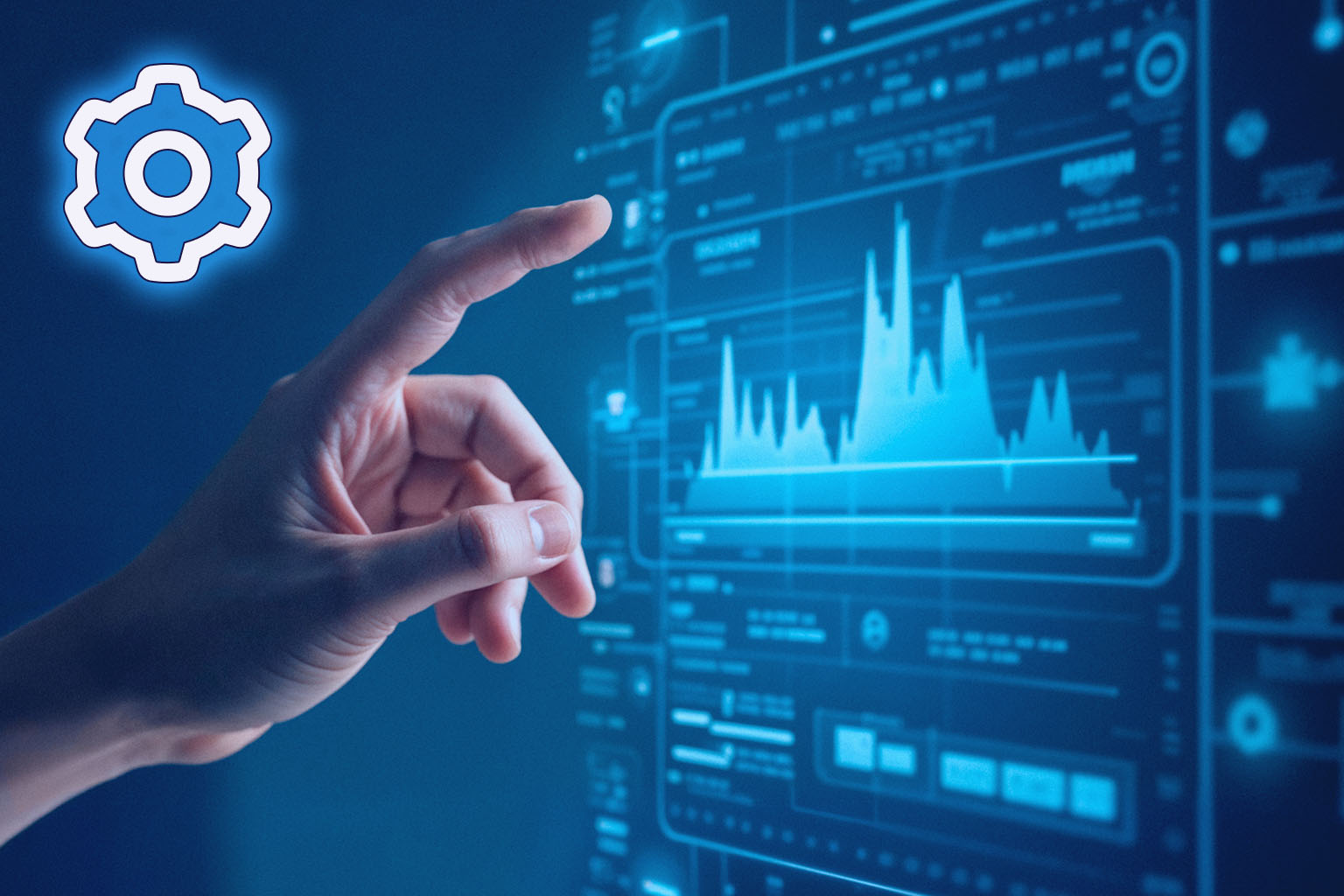 Hand interacting with a digital data dashboard showing analytics charts and graphs, symbolizing a strong data culture.