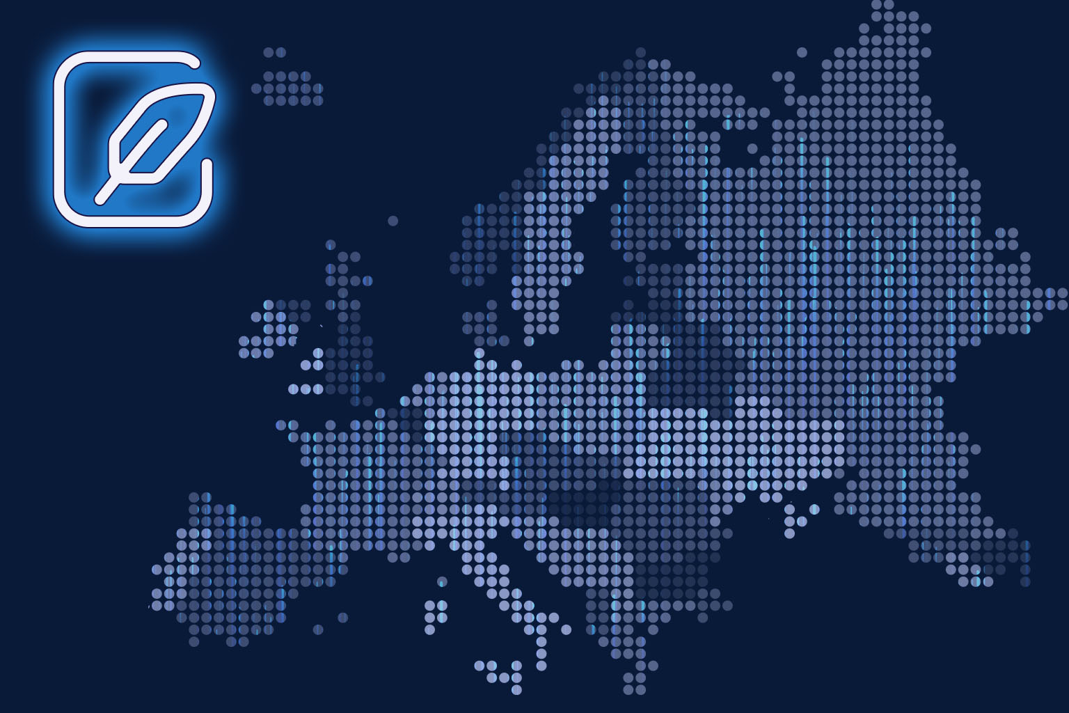 Digital map of Europe made of blue dots on a dark background, with a glowing feather-and-document icon in the top left corner, symbolizing the EU Data Act and data governance.