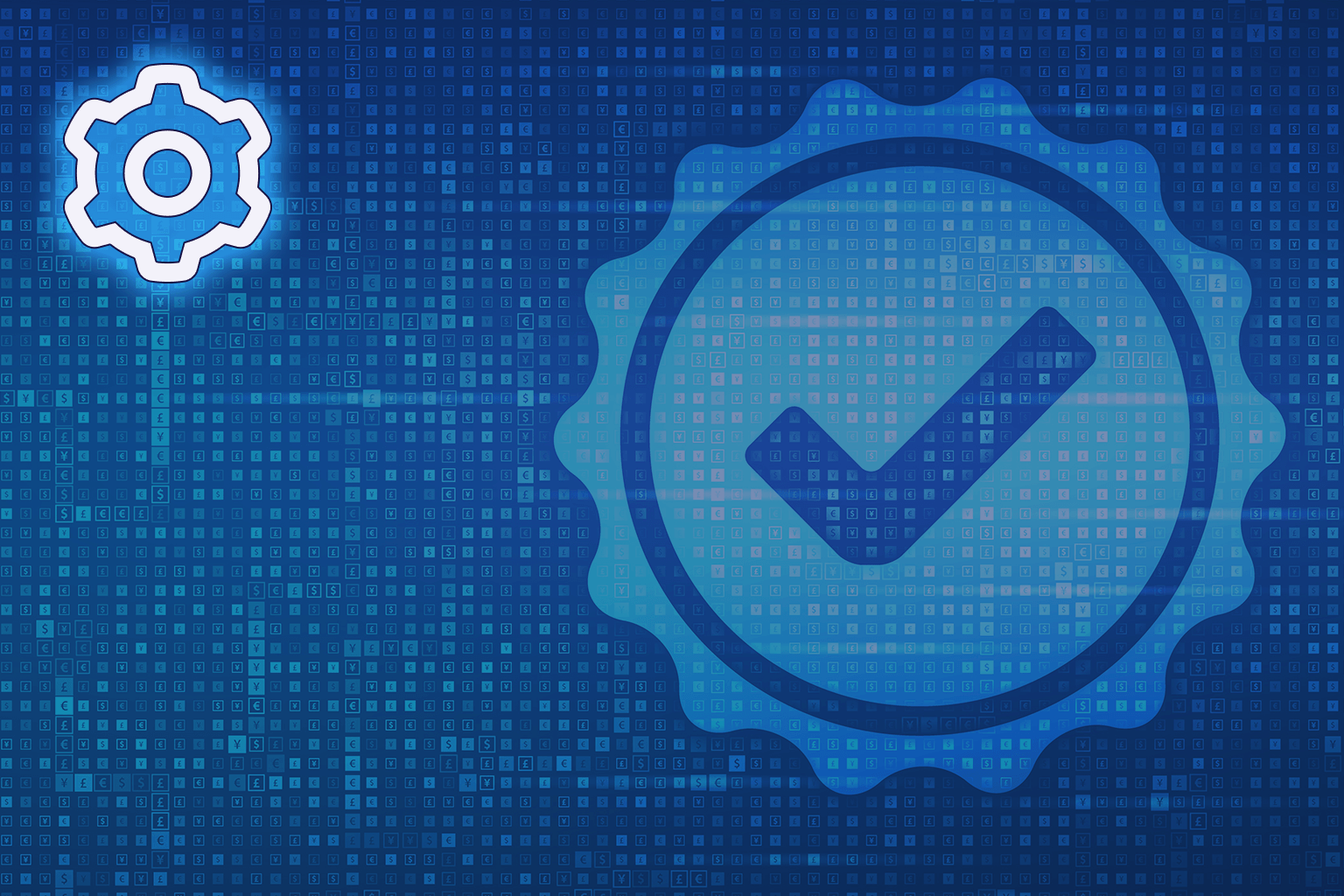 Dark blue data background with a light blue check mark and white gear icon