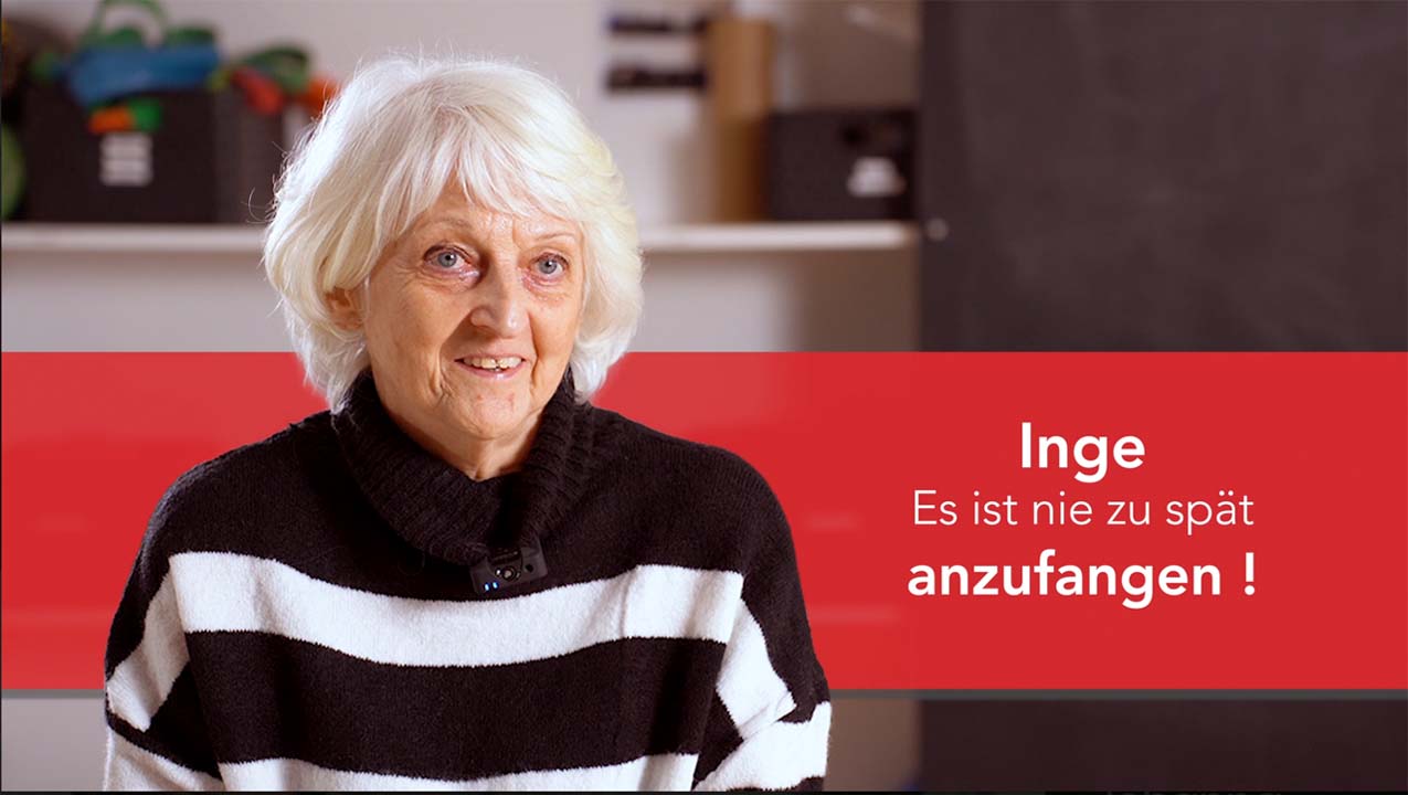 Ein Bild der betroffenen Frau und der Überschrift: Name: Inge und der Aussage: Es ist nie zu spät anzufangen!