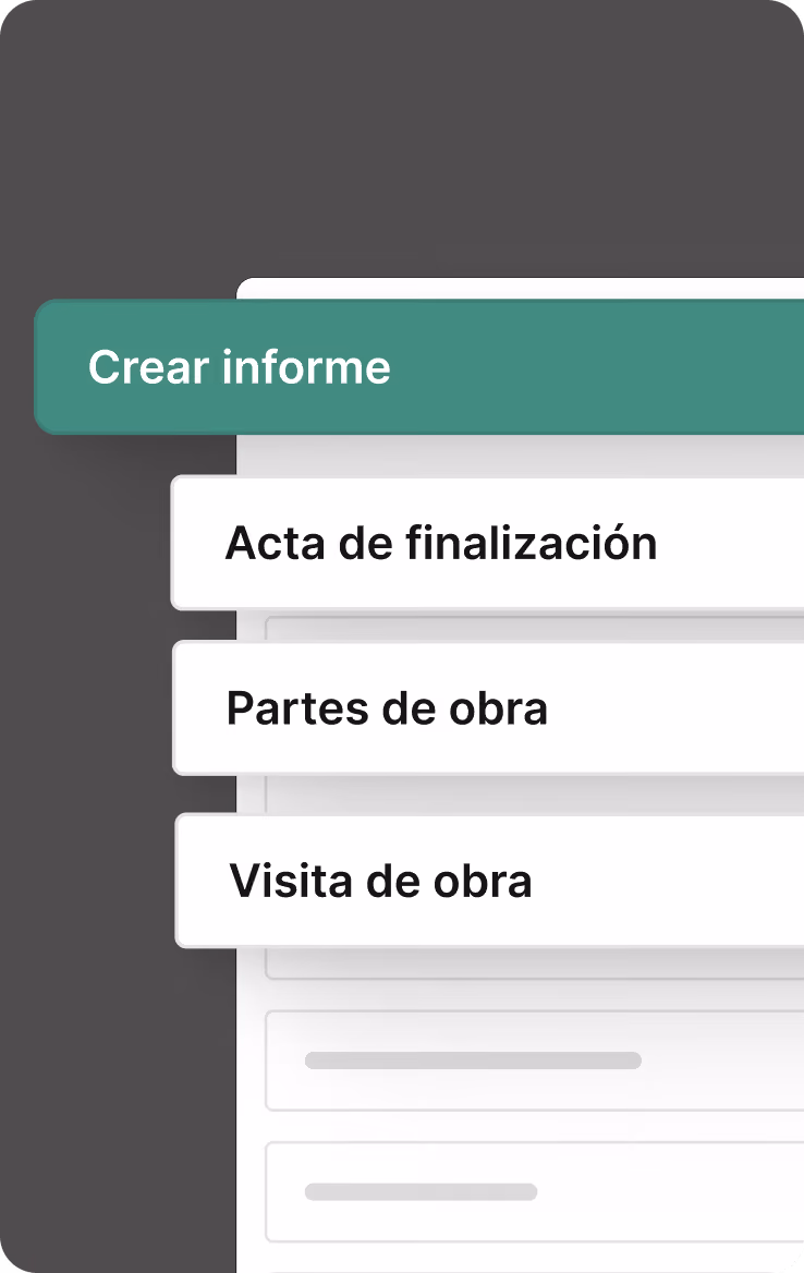 Captura de pantalla de la app plancraft mostrando el menú "Crear informe" con tres opciones: Acta de finalización, Partes de obra y Visita de obra.