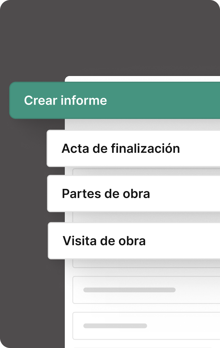 Captura de pantalla de la app plancraft mostrando el menú "Crear informe" con tres opciones: Acta de finalización, Partes de obra y Visita de obra.