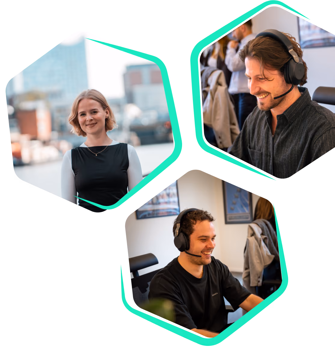 Drie foto's van het Nederlandse klantenserviceteam van plancraft: een vrouw met een stadsgezicht op de achtergrond, en twee mannen met een headset die glimlachend aan het werk zijn op kantoor.
