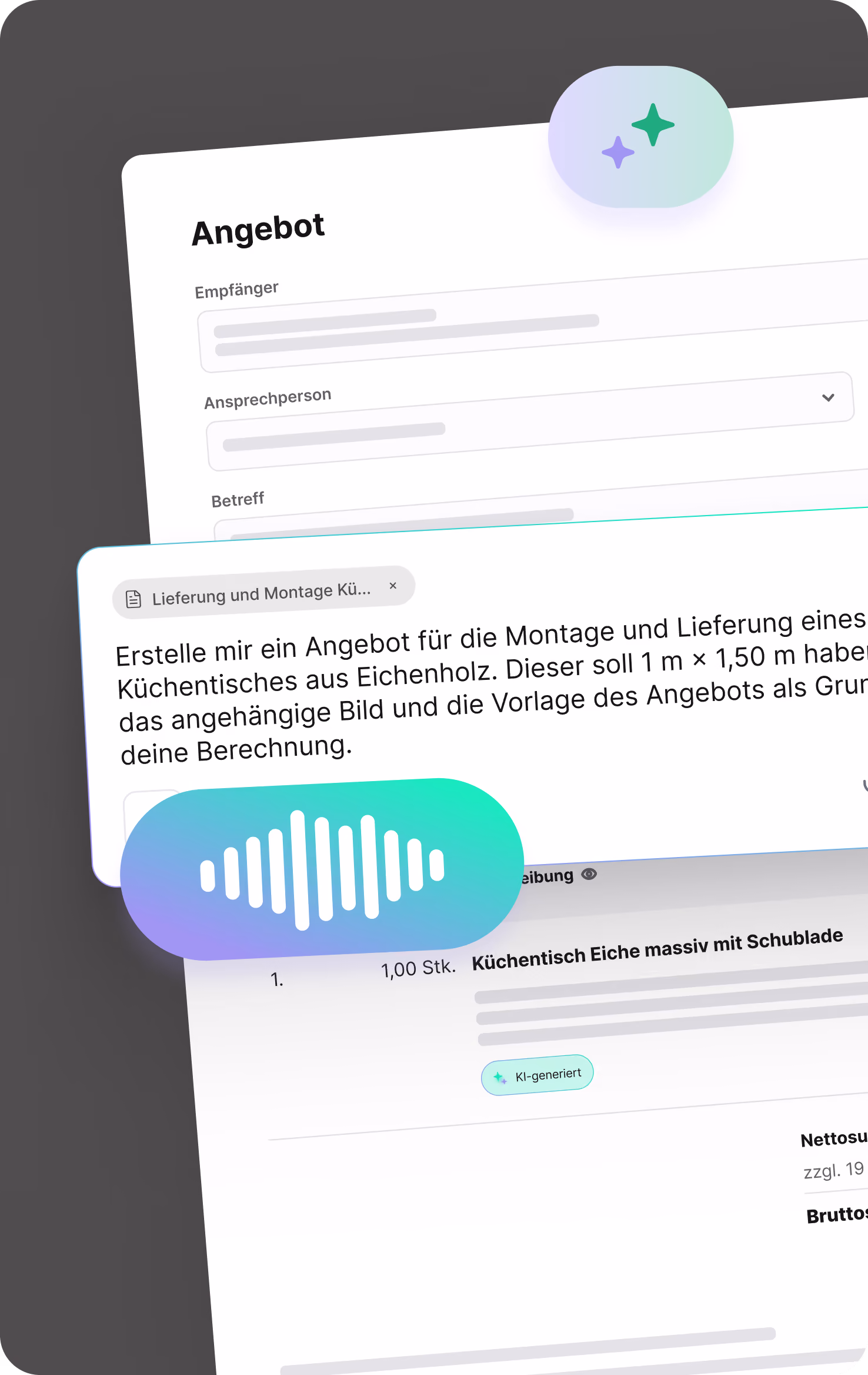 Screenshot der plancraft-Software: KI-generiertes Angebot für einen Küchentisch aus Eiche, erstellt per Sprachbefehl anhand eines Bildes und einer Angebotsvorlage.