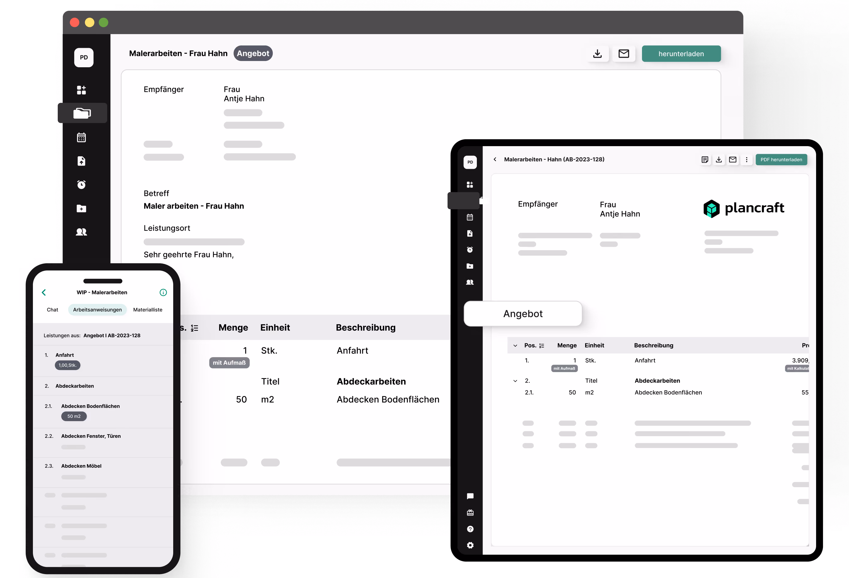 Mockups der plancraft Handwerker Software zeigen eine Angebotserstellung für Malerarbeiten auf Desktop, Tablet und Mobilgerät.