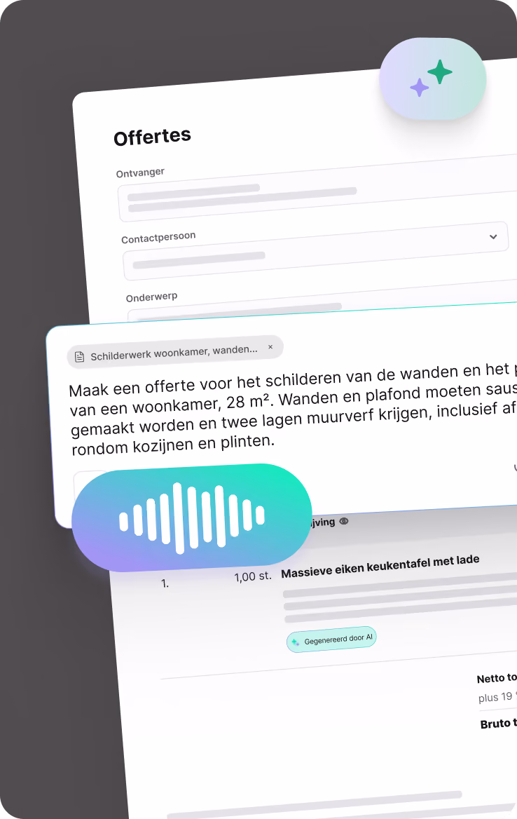 Offerteformulier van plancraft met spraakopdracht om een offerteregel met AI te genereren, met een massieve eiken keukentafel met lade die automatisch is gegenereerd met de totaalprijs.
