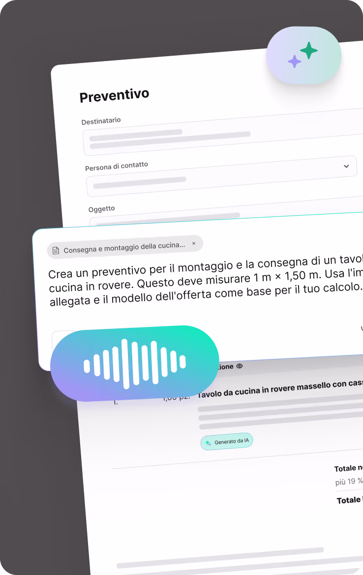 Modulo di preventivo di Plancraft con istruzione vocale per generare una voce con IA, che mostra un tavolo da cucina in rovere massello generato automaticamente con il prezzo totale.