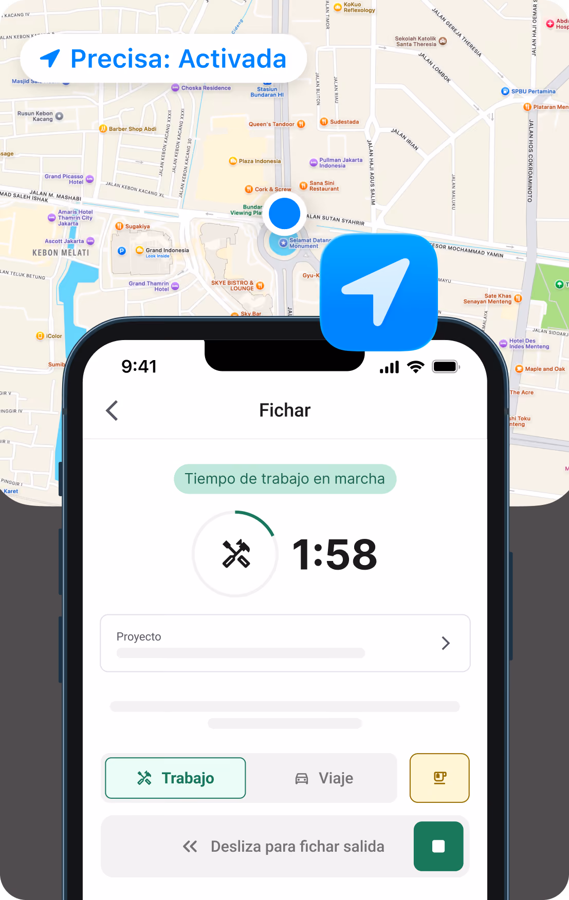 Función de la app plancraft para profesionales: Fichar con selección de proyecto y detección de ubicación.
