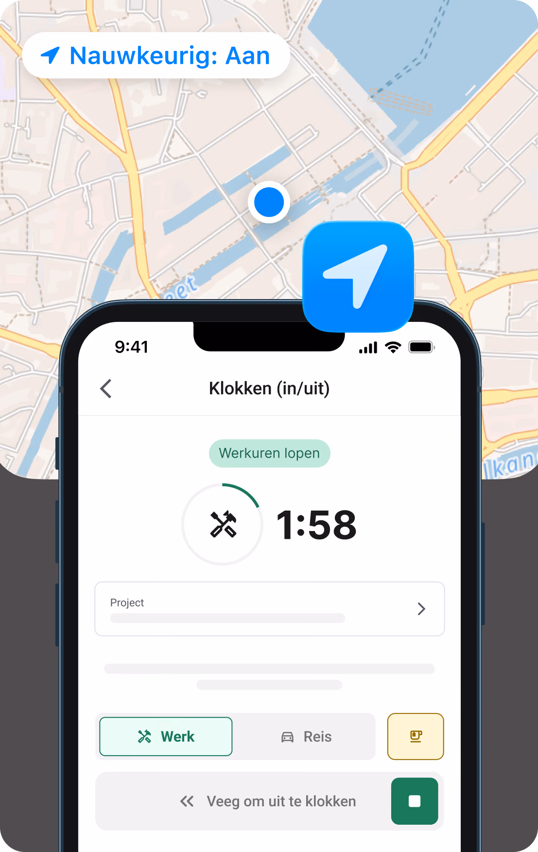 plancraft app-functie voor vakmensen: Klokken met projectselectie en locatieherkenning.