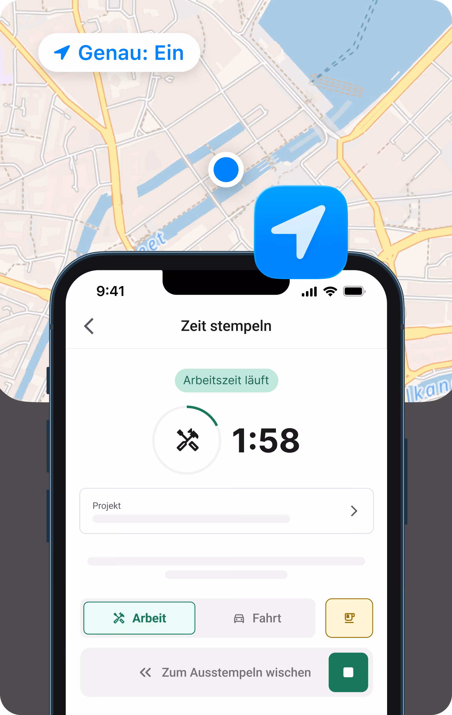 plancraft App Feature für Handwerker: Zeit stempeln mit Projektauswahl und Standorterkennung.