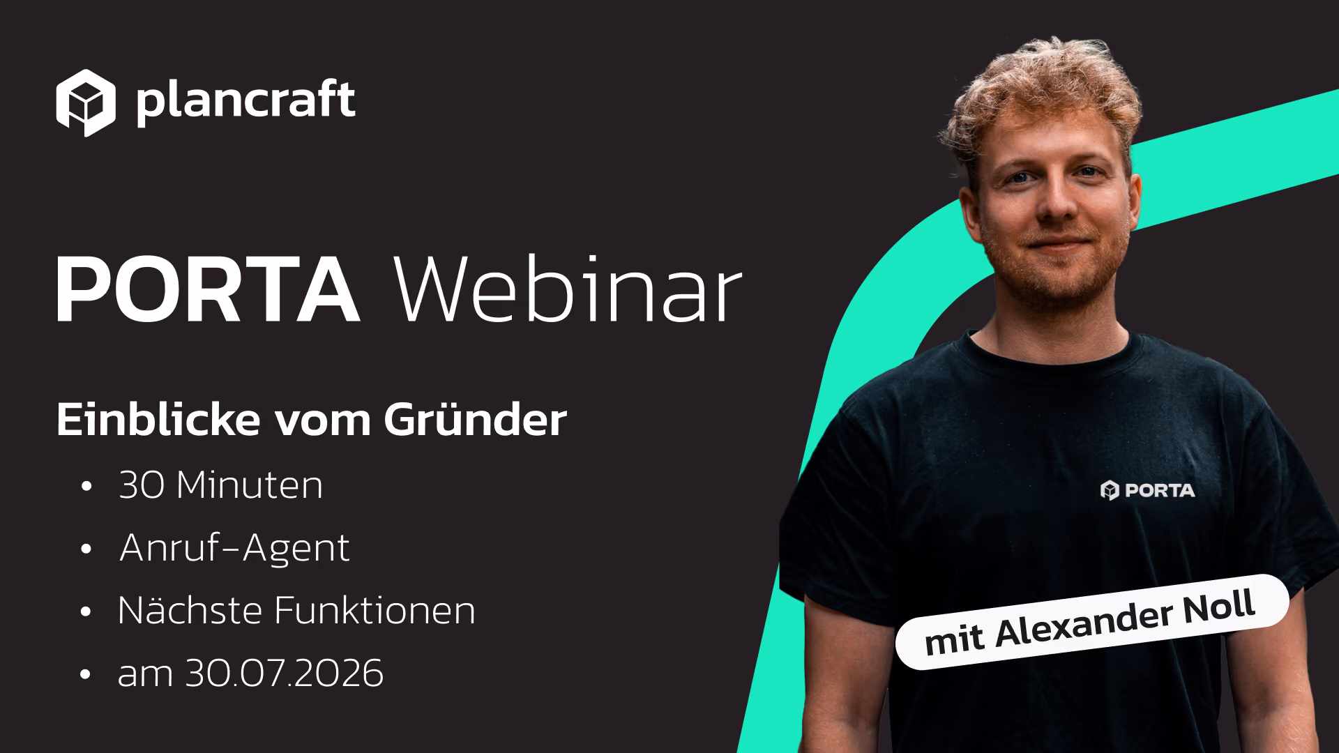 PORTA Webinar-Thumbnail des PORTA-Webinars von plancraft mit Webinar-Details und einem Bild des plancraft Gründers Alexander Noll.