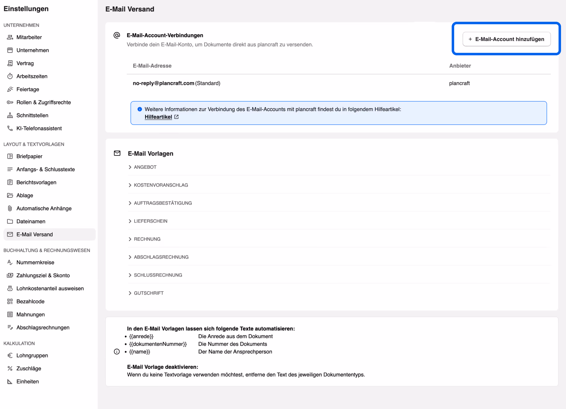 Screenshot der plancraft Einstellungen: E-Mail-Account-Verbindungen mit Button "E-Mail-Account hinzufügen" zum Verbinden des eigenen E-Mail-Kontos.