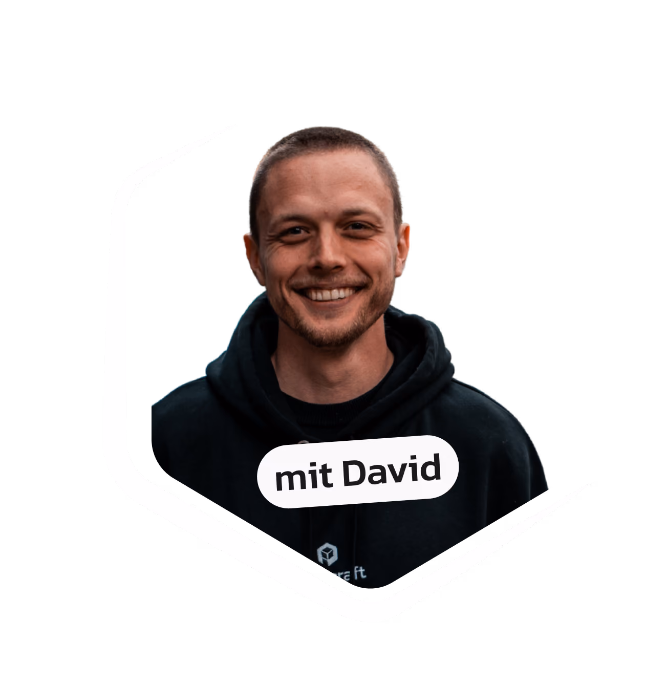 Freigestelltes Porträt von David, lächelnd, mit dem Label 'mit David' für das plancraft-Webinar.