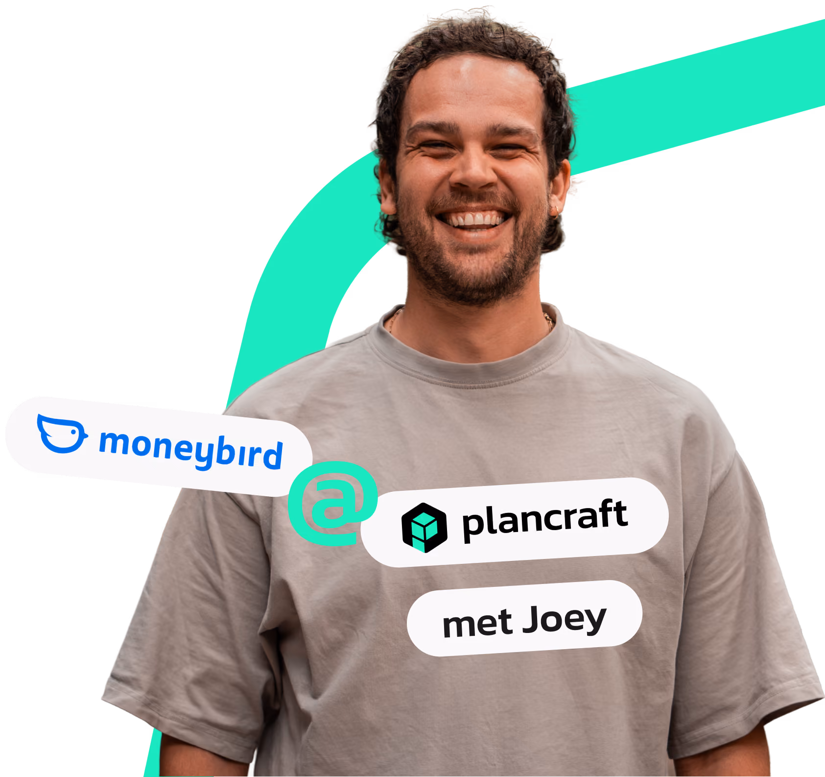 Webinar-thumbnail 'moneybird @ plancraft' met Joey, glimlachend in een plancraft T-shirt.