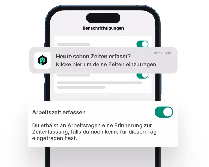 Benachrichtigung der plancraft App, die das Team automatisch an die Zeiterfassung erinnert