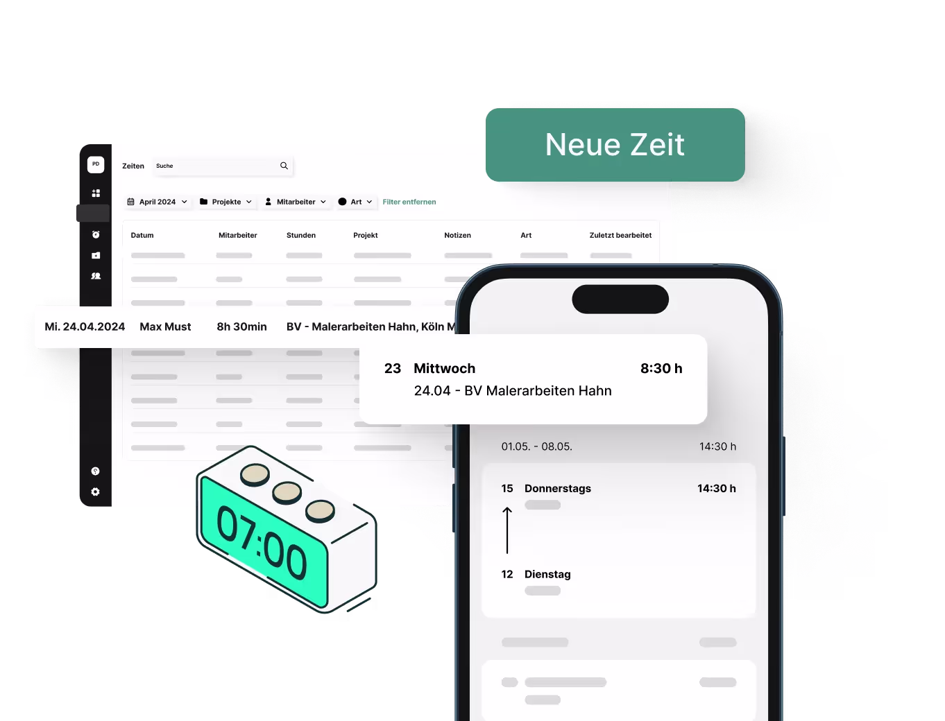 Digitale Zeiterfassung in der plancraft App: Arbeitszeiten projektbezogen auf der Baustelle erfassen