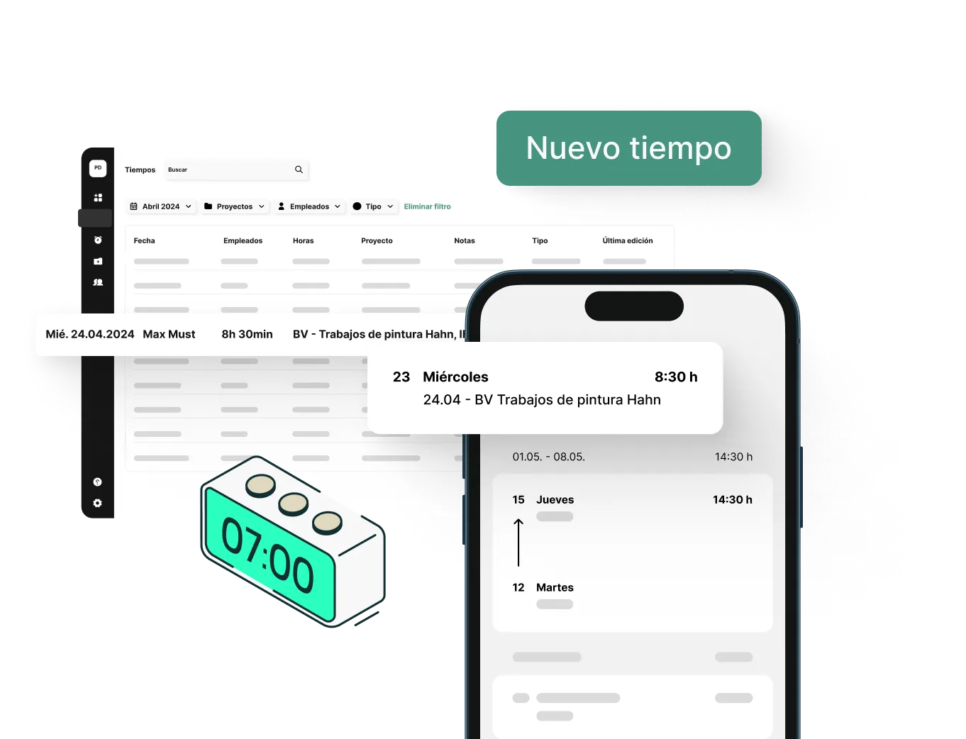 Control horario digital en la app de plancraft: registro de horas por proyecto en la obra