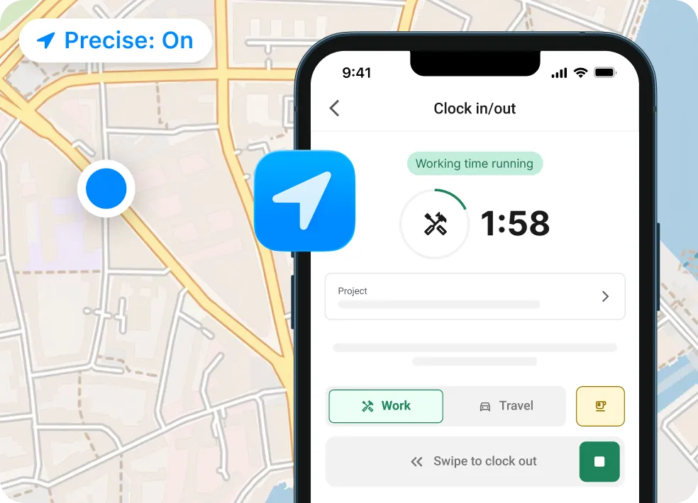 plancraft app: clocking in, breaks and travel time recorded with a few taps