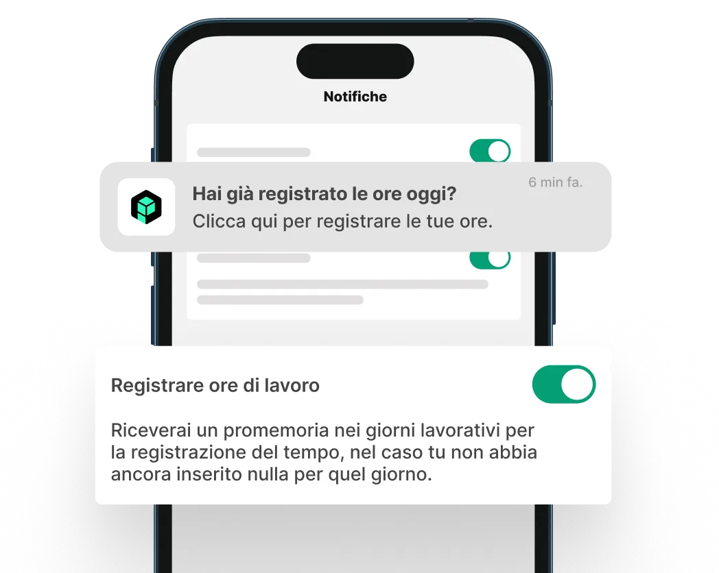 Notifica dell'app plancraft che ricorda al team di registrare le ore di lavoro
