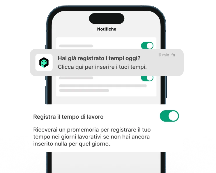 Notifica dell'app plancraft che ricorda al team di registrare le ore di lavoro