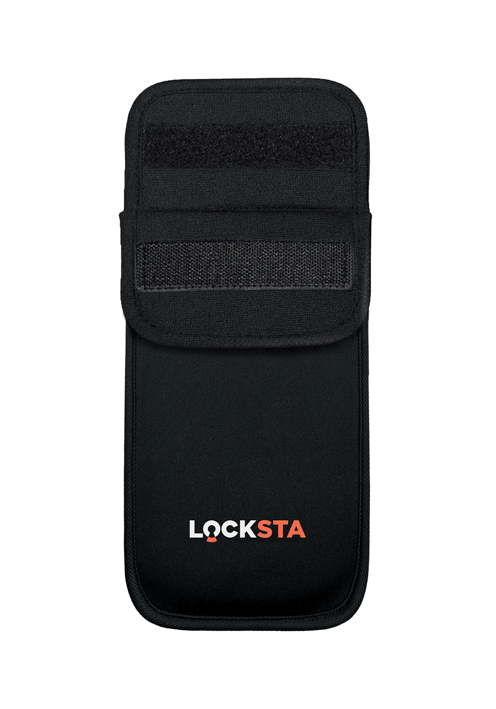 Schwarze LOCKSTA-Tasche mit Klettverschluss und Logo "LOCKSTA" in Weiß und Orange.