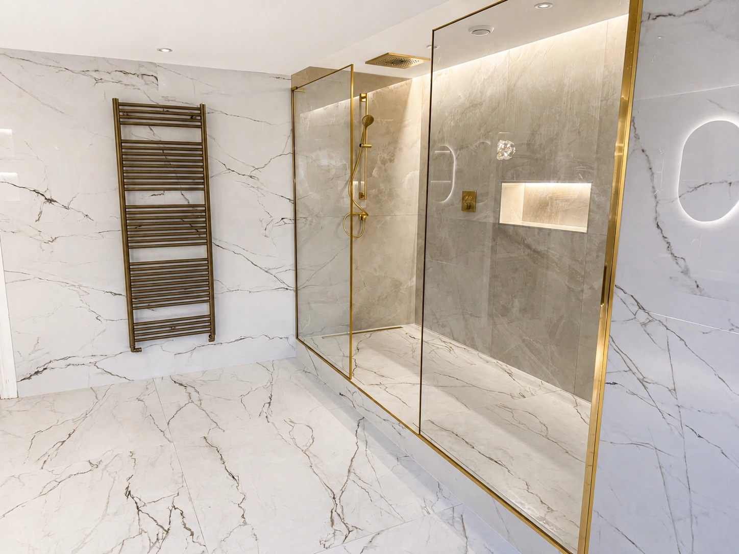 Brass framed walk-in shower in luxury bathroom