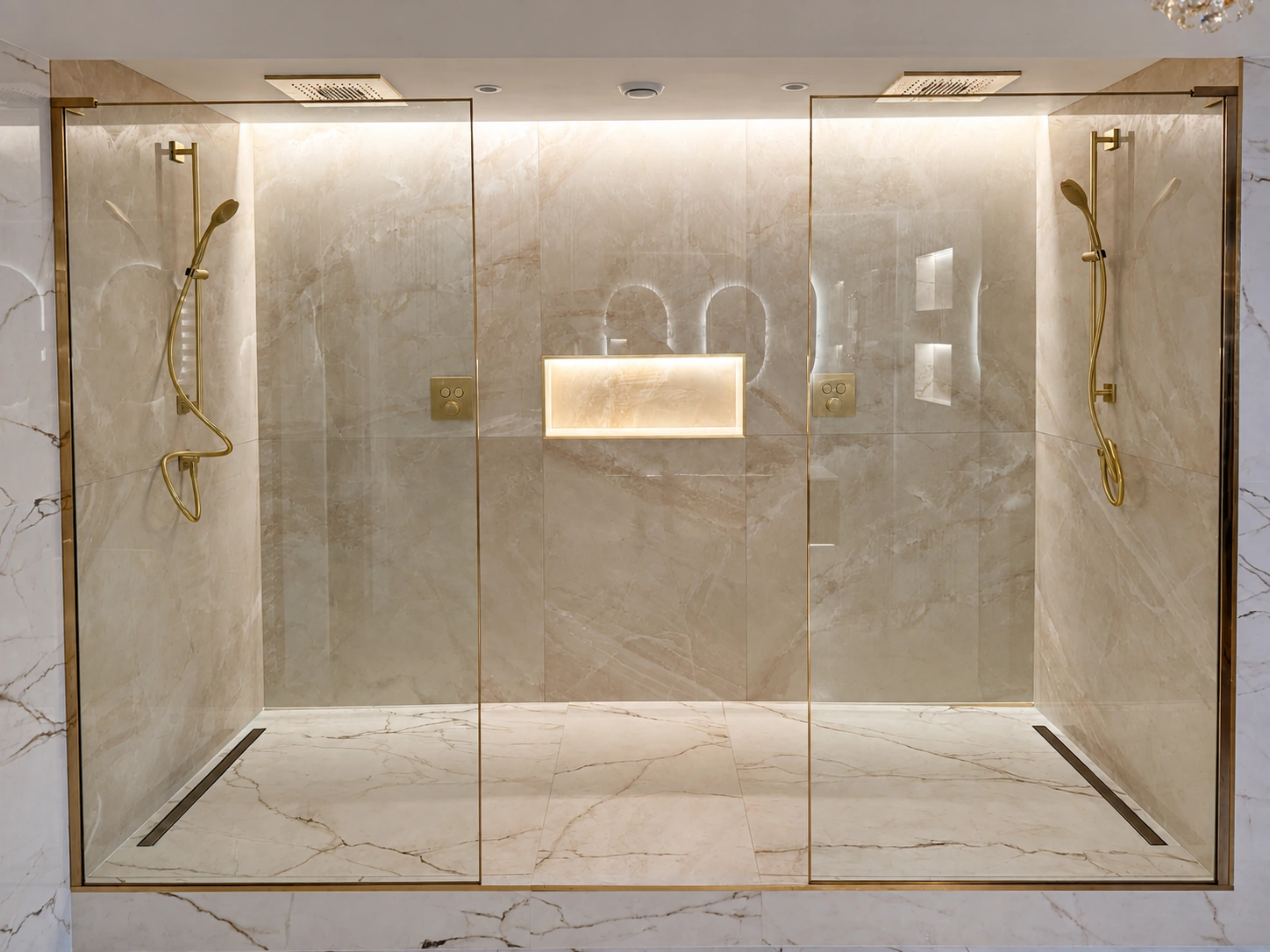 Large double walk-in shower with brass fittings