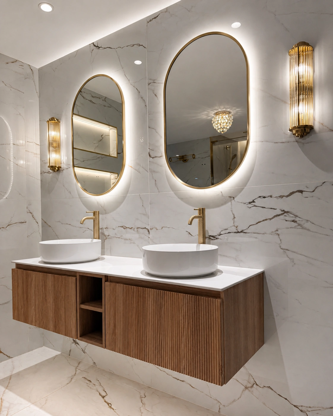 Close view of luxury double vanity and backlit mirrors