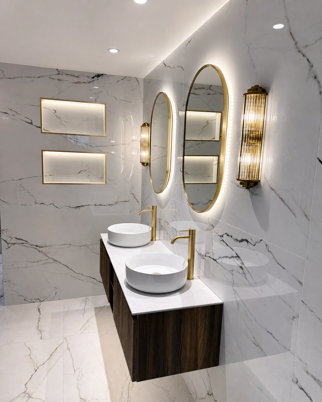 Double vanity with illuminated mirrors and brass fittings