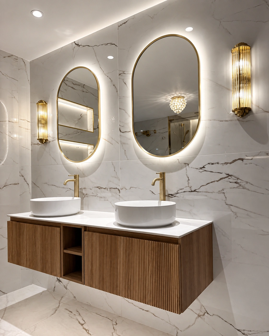 Floating timber double vanity in luxury bathroom