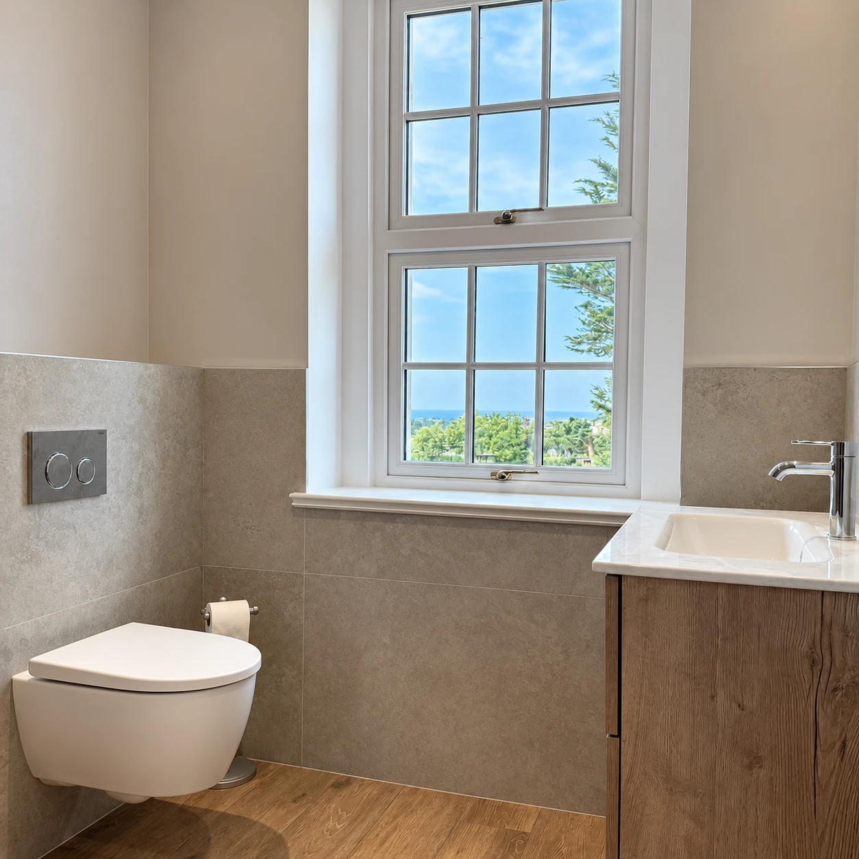 Completed ensuite with floating vanity and concealed toilet