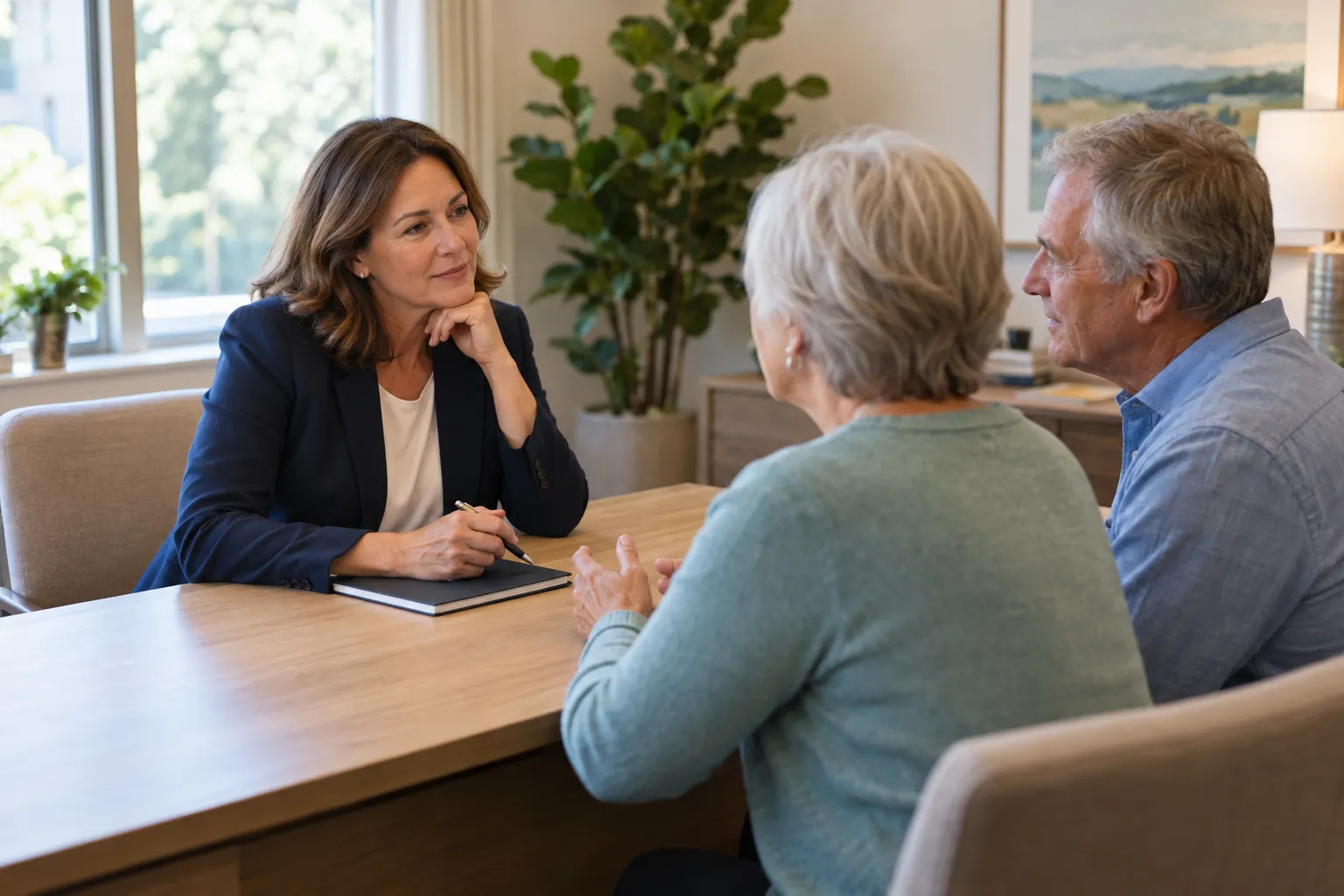 Illustrative scene of an advisor listening to an older couple