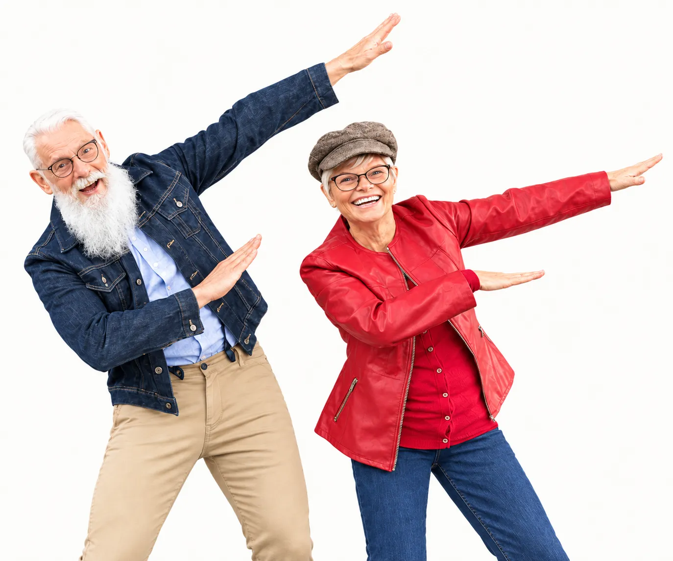 Older couple smiling and striking playful dancing poses