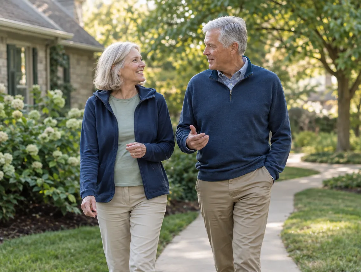 Older couple enjoying a walk through a landscaped neighborhood