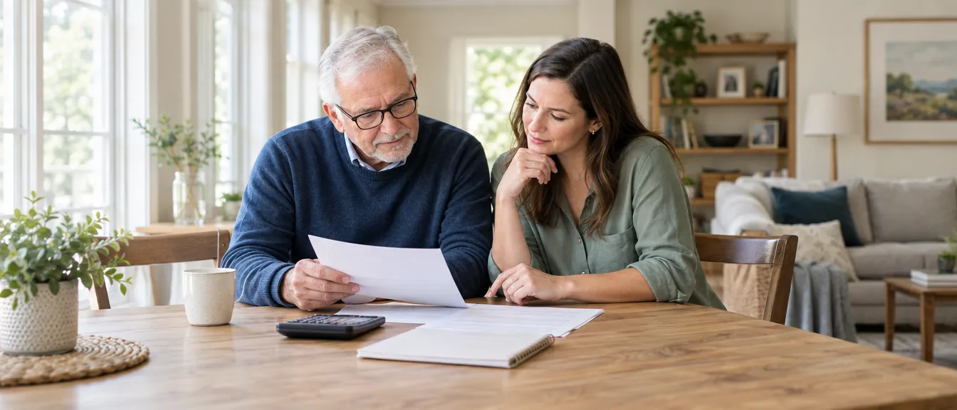 Older man and adult daughter reviewing a household budget