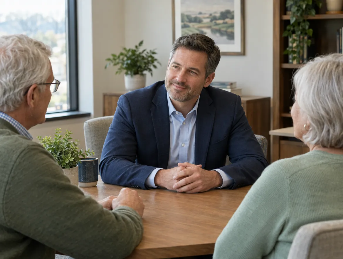 Advisor listening to an older couple during a consultation