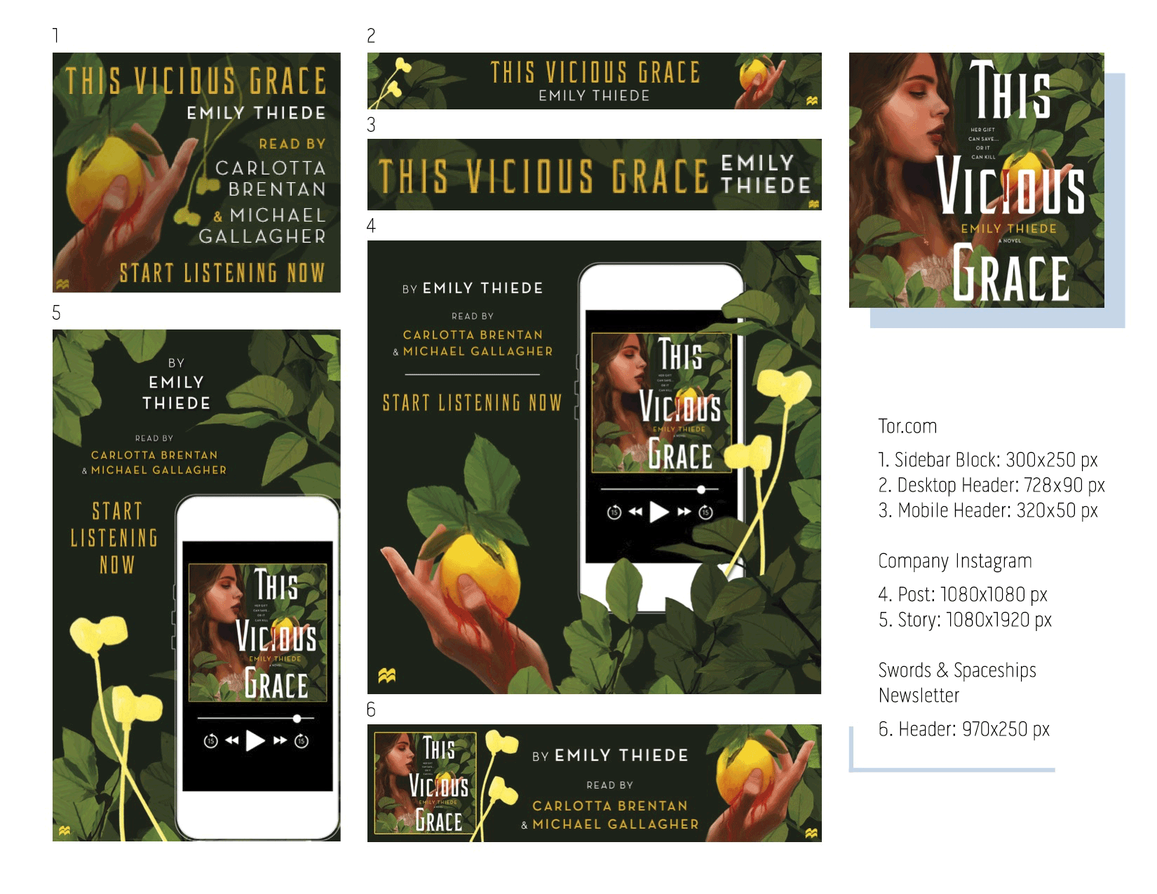 This Vicious Grace audiobook cover and banner ads (5) of varying dimensions for different platforms. Some banners have GIF animated text