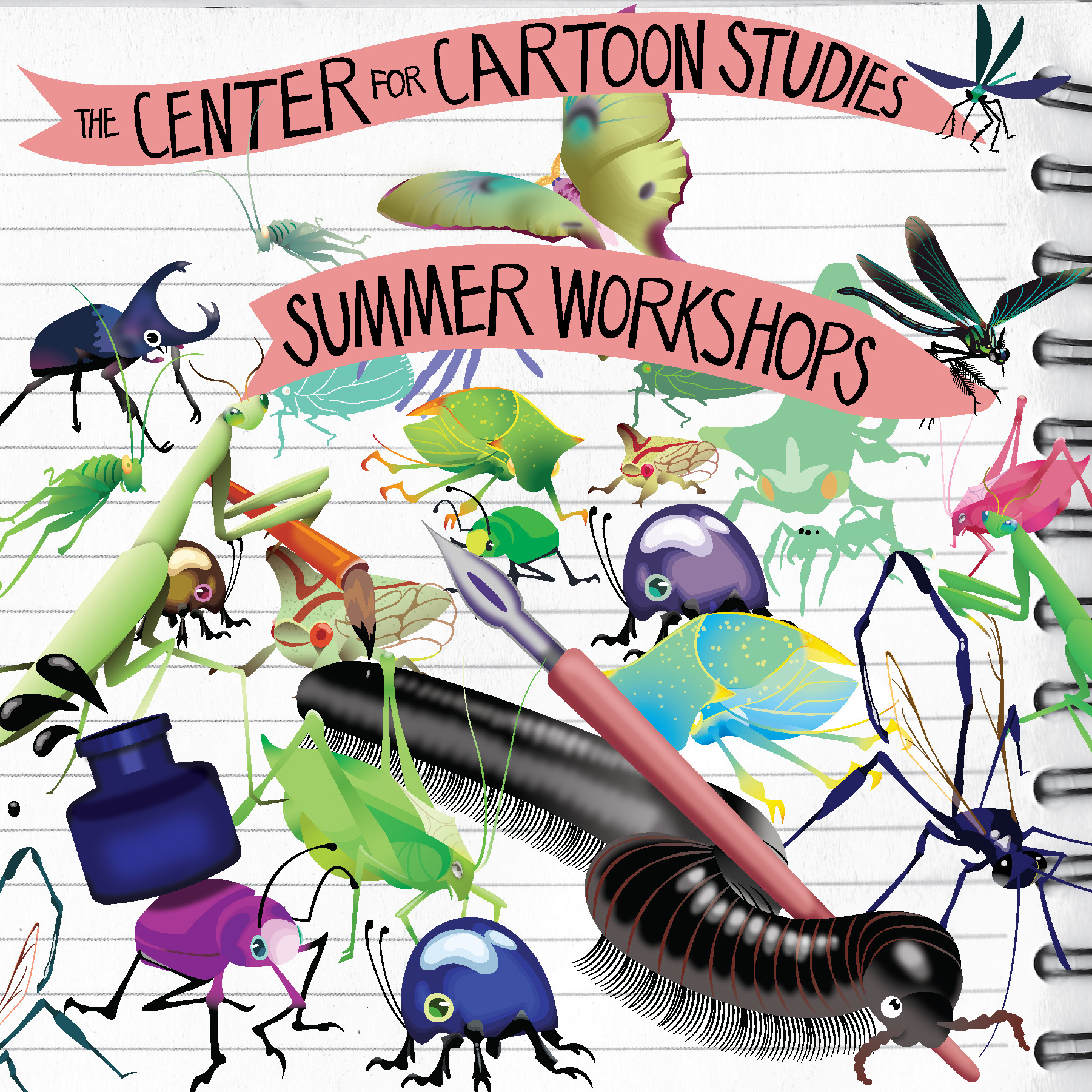 instagram post of various illustrated insects carrying an ink pot and nib pen under a banner reading "the center for cartoon studies summer workshops"