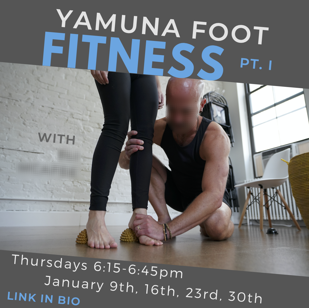 social media post with a picture of a man grasping a foot. the title reads yamuna foot fitness