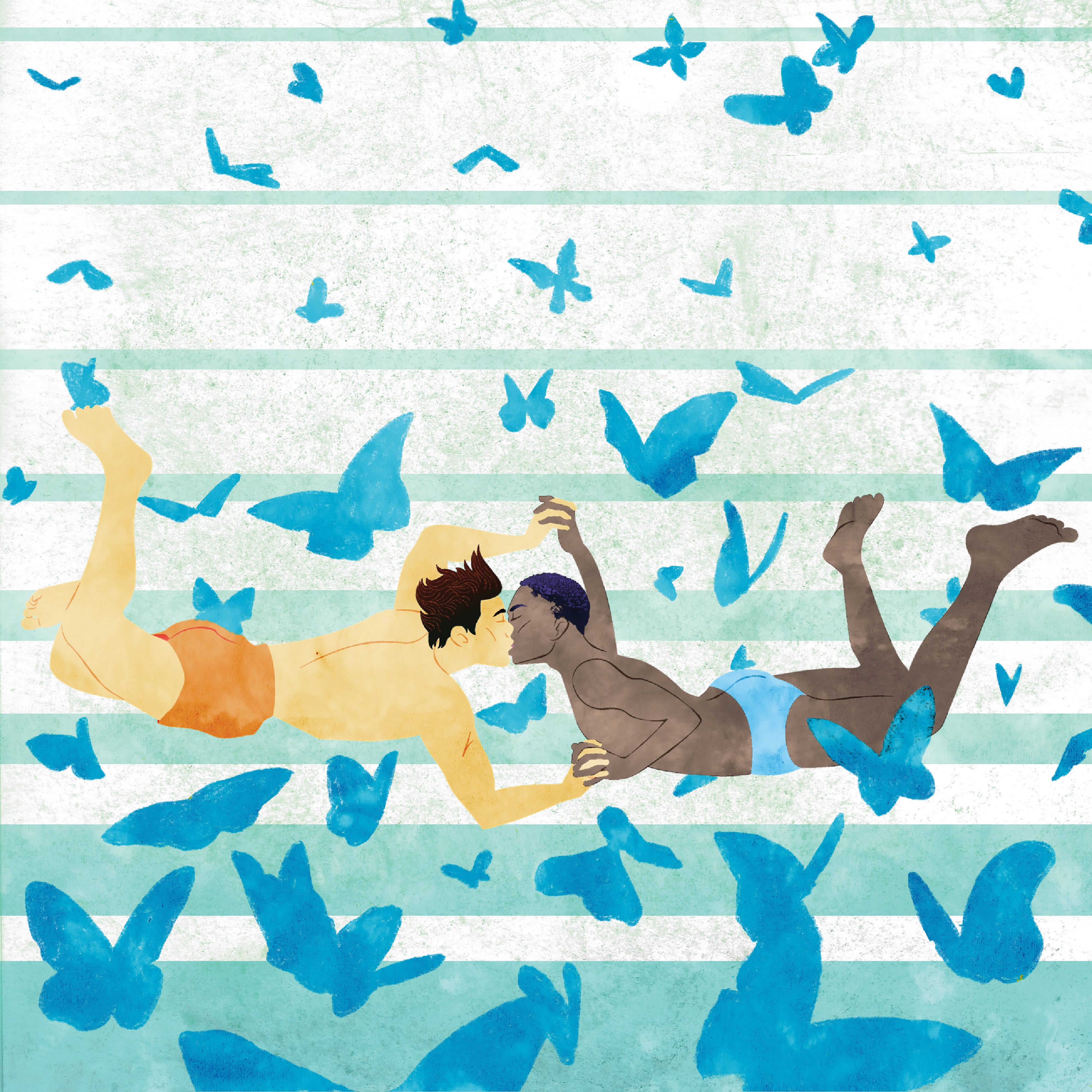 illustration of an asian man and a black man kissing and holding hands in midair surrounded by butterflies