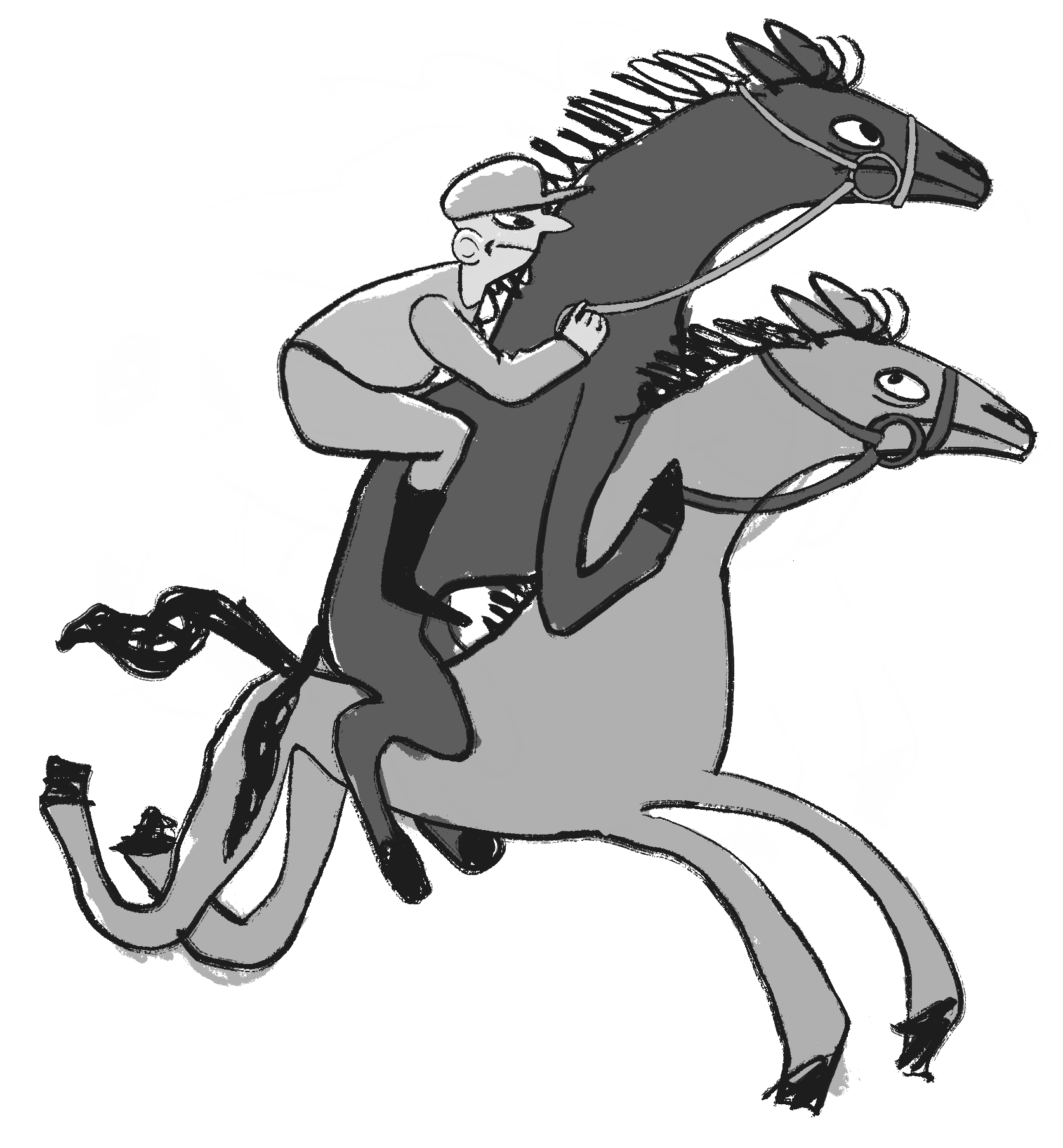 A cartoon jockey riding a horse riding another horse