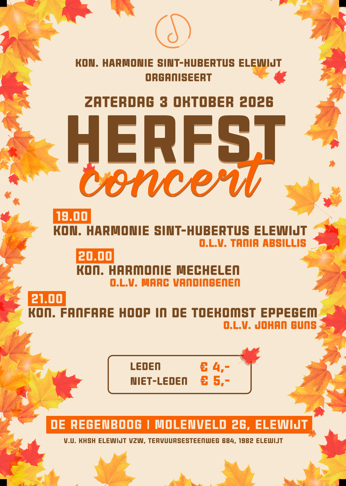 Affiche Herfstconcert 2026 - Kon. Harmonie Sint-Hubertus Elewijt, zaterdag 3 oktober 2026, De Regenboog Elewijt
