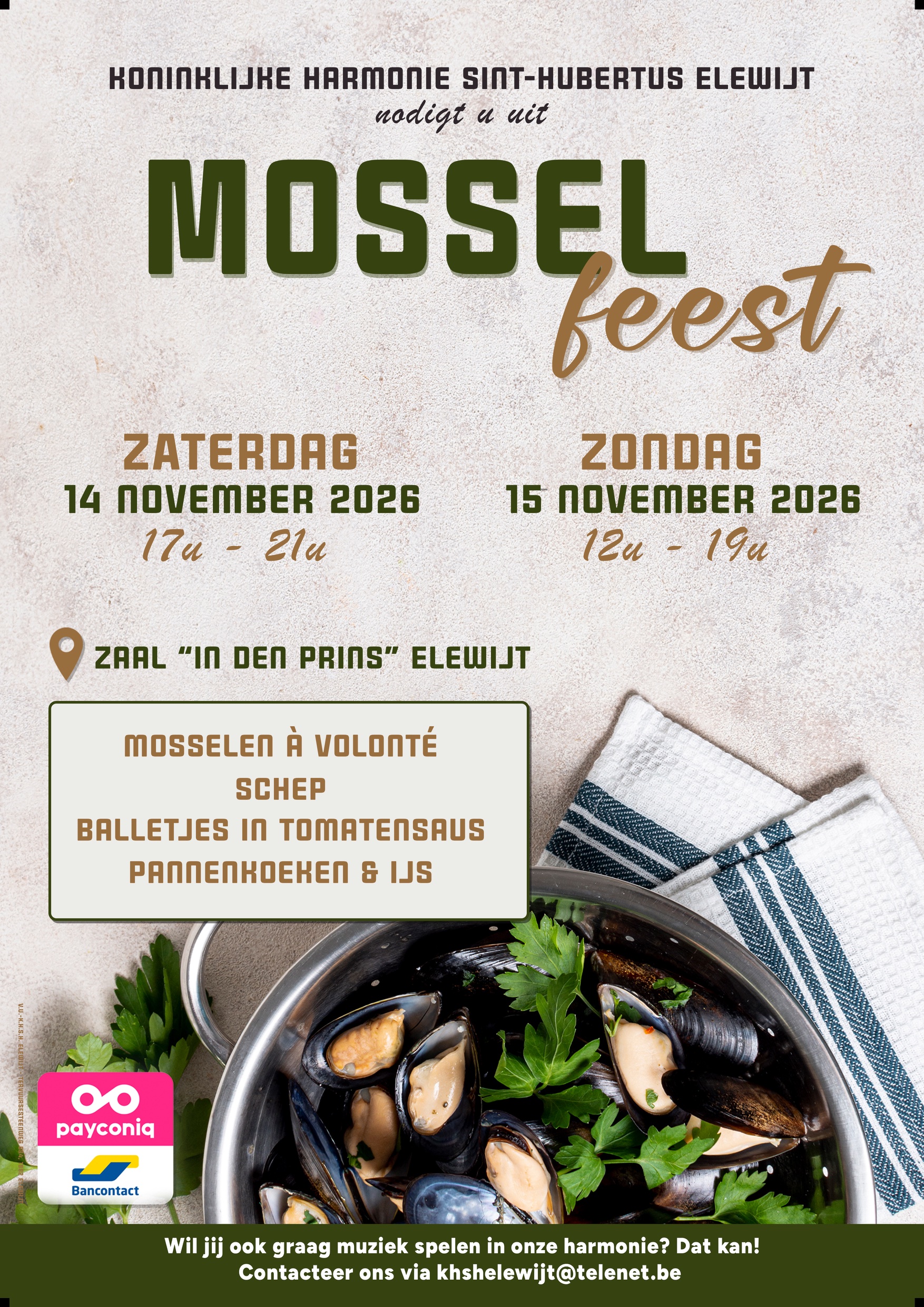 Affiche Mosselfeest 2026 van de Koninklijke Harmonie Sint-Hubertus Elewijt, 14 en 15 november in zaal In den Prins