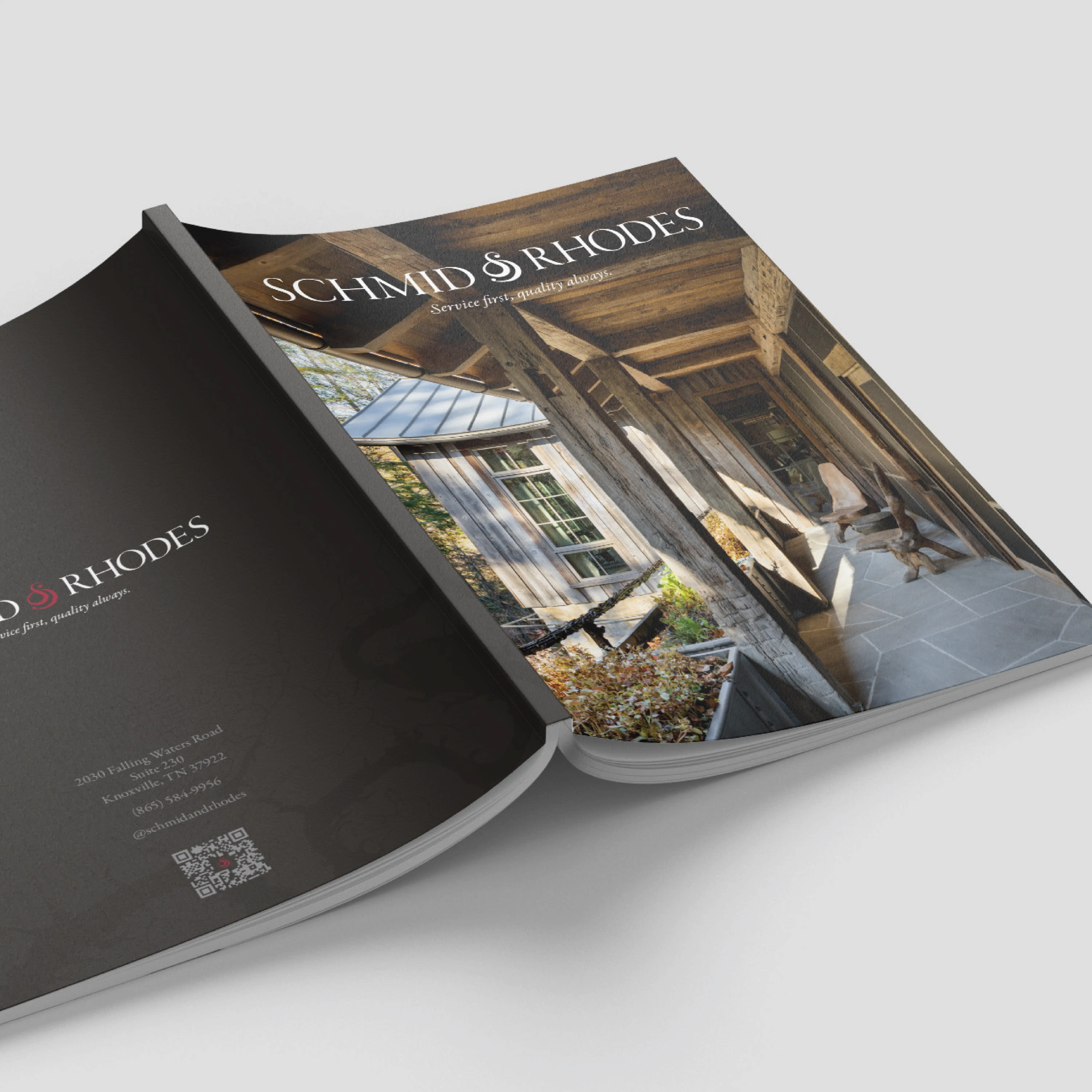 Open Schmid & Rhodes brochure showing a rustic porch with wooden beams and stone flooring.