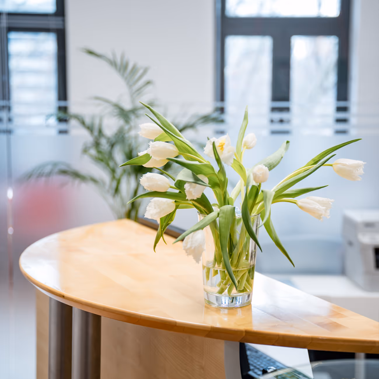 Impression der Frauenarztpraxis Dr. Seiß und Kolleginnen in Nürnberg. Blumen auf Rezeptionsbereich.