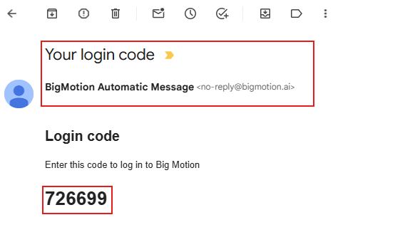 Example BigMotion login code email