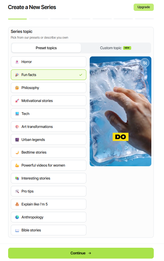 Create a New Series screen with preset topics