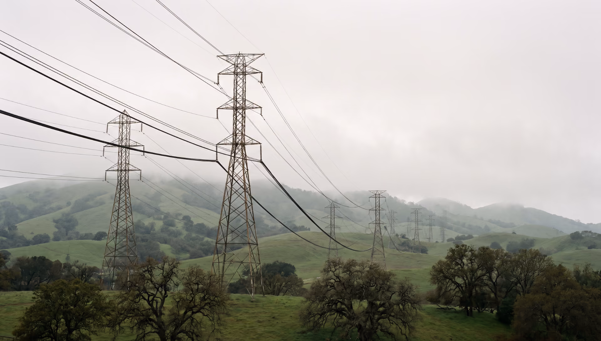Tall power lines stretching over green hills under a cloudy sky with scattered trees.