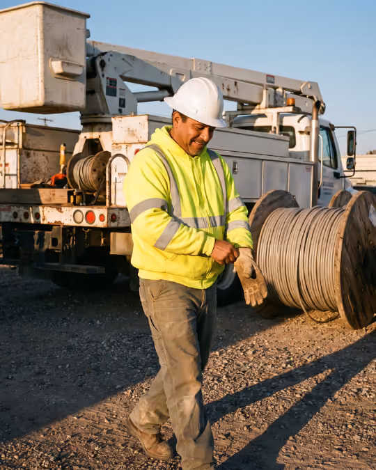 Construction worker in a hard hat and high-visibility jacket putting on gloves near utility truck.
