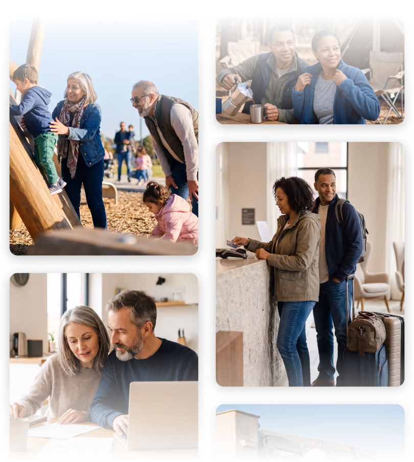Collage of different families and couples doing things they love. Like travelling, camping, playing with grandchildren, on laptop.